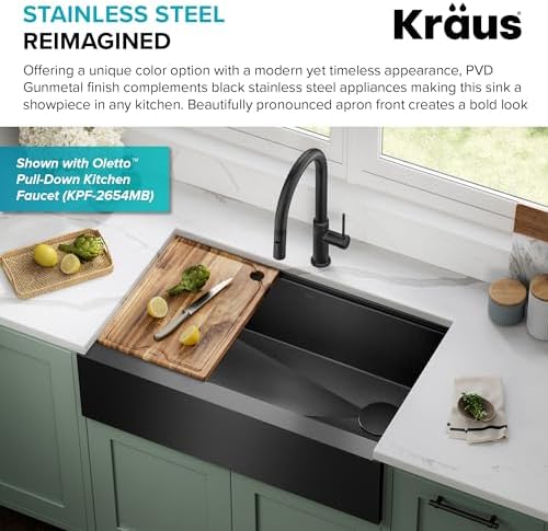 KRAUS Kore Workstation 33-inch Farmhouse Modern Flat Apron Front 16 Gauge Black Stainless Steel Single Bowl Kitchen Sink in PVD Gunmetal Finish with Accessories, KWF410-33/PGM - Image 6