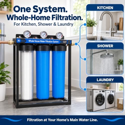 Whole House Water Filter System, 3-Stage with 20" PP GAC CTO Filters, 1" Ports, 3 Pressure Gauges, Clear Housing, Metal Stand, Cleaning Brush & Wrench, Reduces Sediment, Chlorine & Odor - Image 3