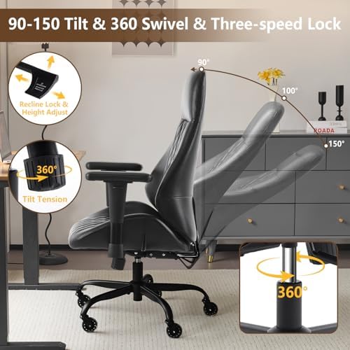 YFO Home Office Desk Chair High Back Office Rubber Chair Casters Ergonomic Computer Chair with Lumbar Support Adjustable Height Rolling Swivel Chair Executive Task Armrests, Black PU - Image 3