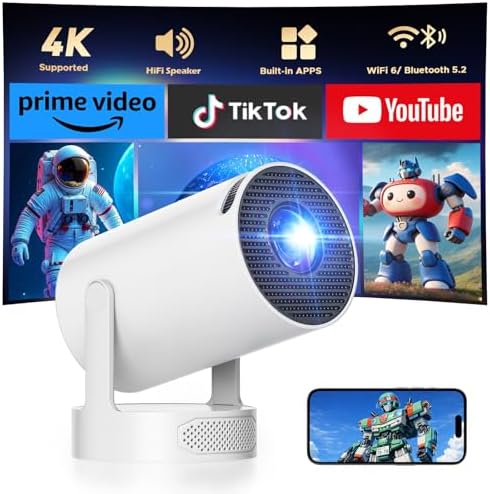Mini Projector with Bluetooth and WiFi, Upgraded 200 ANSI Lumens Portable Projector 4K, Auto Focus/Keystone, Compatible with iPhone/TV Stick/Laptop for Home Outdoor Movie by HOTPEAK
