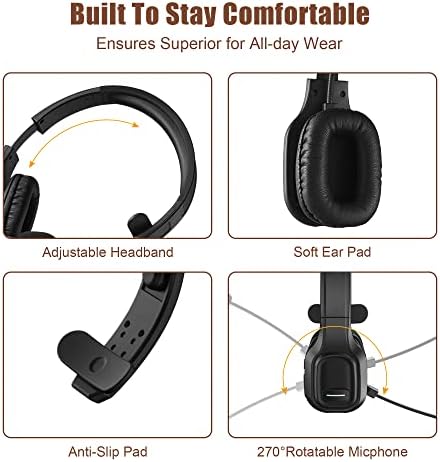 Trucker Bluetooth Headset V5.0, Wireless Headset with Noise Canceling&Mute Microphone for Cell Phones, On Ear Bluetooth Headphone for Computer, Zoom Meetings, Skype, Home Office - Image 3