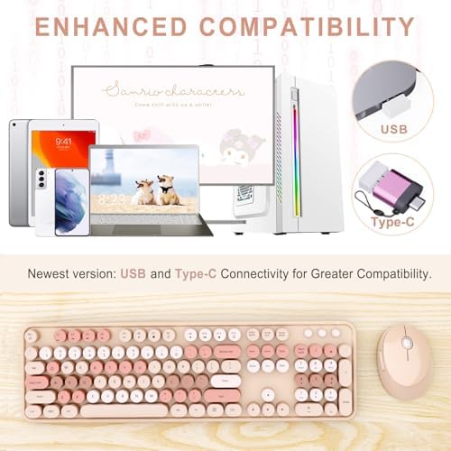 Wireless Keyboard and Mouse Combo, Ergonomic Full Size Typewriter Retro Round Keycaps Keyboard, Compatible with Windows, PC, Perfer for Home and Office Keyboards (Chocolate Color) - Image 2