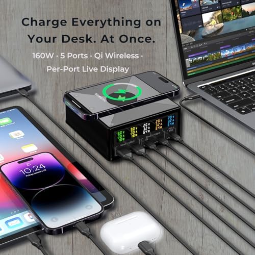 160W Desktop Charger Station with Wireless Charging Pad & Per-Port Display - Image 2