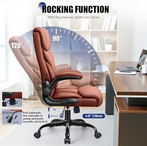 Primy Office Chair, High Back Desk Chair with Flip-up Armrests,Brown - Image 4