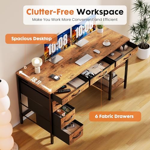 Sweetcrispy 55" Computer Desk with 6 Fabric Drawers & Storage Shelves - Image 5