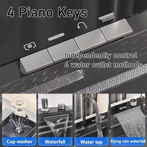 Black Kitchen Sink 304 Stainless Steel Undermount/Drop In Waterfall Single Bowl Kitchen Workstation Sink with Pull-Out Faucet & Accessories (Whale, 29.5inch) - Image 3