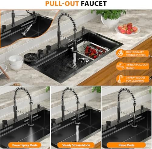 Mocoloo 30 Inch Black Honeycomb Waterfall Kitchen Sink Drop in, 30x19 Inch Stainless Steel Workstation Sink 16 Gauge Topmount Single Bowl Sink with Complete Kit - Image 5