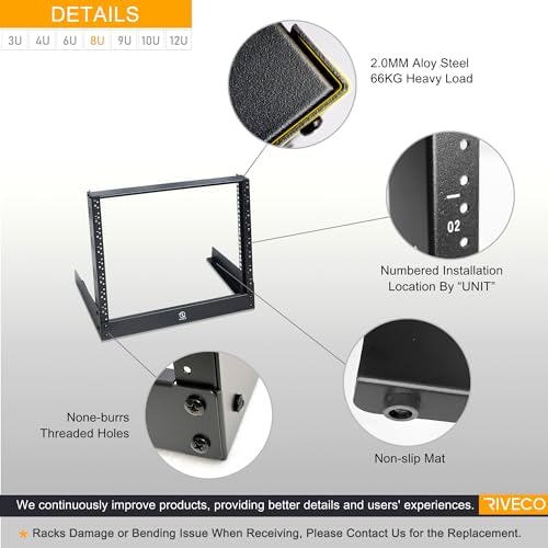 RIVECO 8u Tabletop Rack for Audio & Network, Desktop Rack Shelf Tappered Holes Open Frame Sound Recording Shelf Free Standing 2 Post Black - Image 2