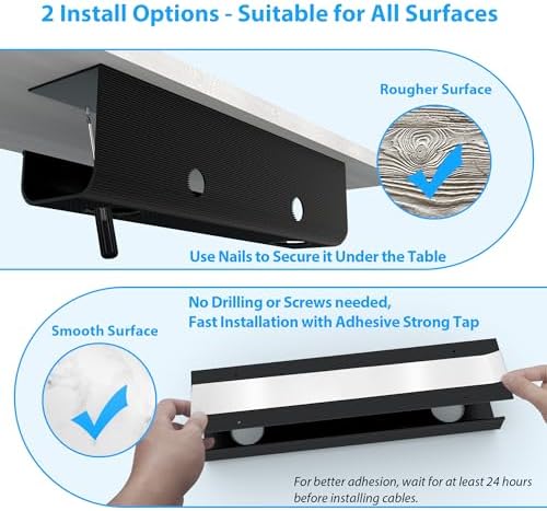 ZhiYo 2 Pack Large Capacity Cable Management Tray 31.5in (2xL15.7in), Thick PVC Under Desk Cable Tray Kit with 4 Cable Clips & 5 Ties, Standing Cord Management Desk Organizer for Office or Home, Black - Image 2