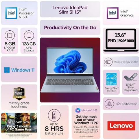 Lenovo Business 15.6" FHD Laptop, Intel Processor, 8GB DDR5, 128GB Storage - Image 2
