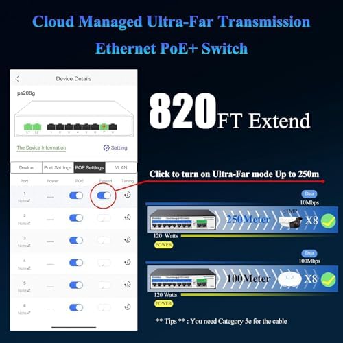 Goalake PoE Switch, 10 Ports Managed PoE Ethernet Switch (8*100M PoE Ports +2*1000M Uplinks), 120W Built in Power, 250m Extend Function, VLAN, QoS, Fanless Metal, Desktop/Wall Mount, Plug and Play - Image 3