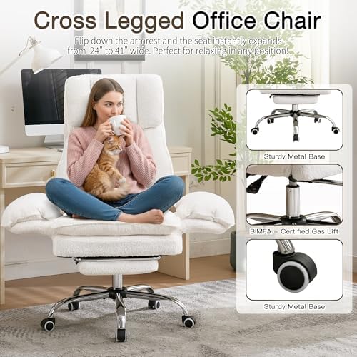 JOMEED Cloud Cross Legged Office Chair with Footrest,Flip Armrest,White - Image 5