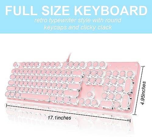 YSCP Typewriter Style Mechanical Gaming Keyboard White Backlit Wired with Blue Switch Retro Round Keycap 104 Keys Keyboard (Pink) - Image 5