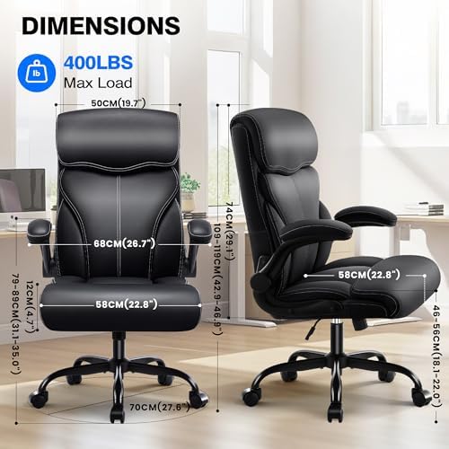 AreShark Executive Office Chair - 400lbs Heavy Duty Ergonomic Desk Chair with Comfy Cushion, High Back Breathable Leather Computer Chair with Flip-up Arms & Rocking Function for Home Office - Image 2
