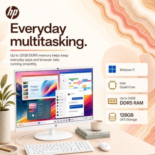 HP 22" All-in-One Desktop Computer, 8GB DDR5 RAM, 128GB UFS Storage,13th Gen Intel Quad-Core CPU, FHD VA Display, WiFi 6, Bluetooth 5.3, RJ45, USB-C (10Gbps), UHD Graphics, 720p Cam, Cashmere White - Image 4