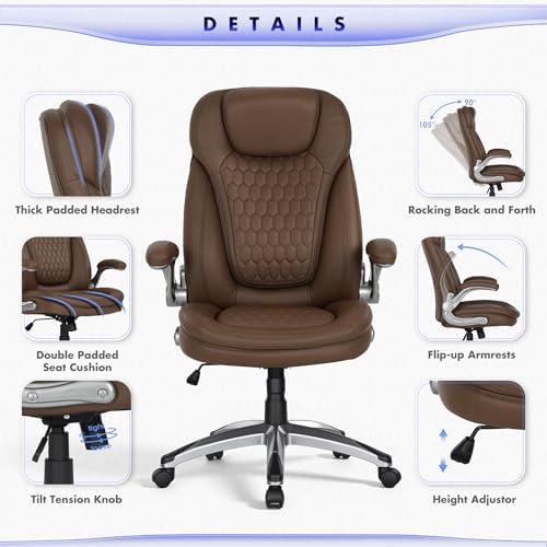 COLAMY Office Chair Ergonomic Desk Chair Set of 2-Executive Office Chair with Upgraded Caters, High Back Computer Chair Flip-up Arms, Swivel Leather Chair for Work/Study, 300lbs, Brown - Image 5