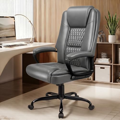 Executive Office Chair, Ergonomic High Back Desk Chair with Lumbar Support, Adjustable Big and Tall Computer Chair, 360° Swivel, PU Leather, Grey - Image 2