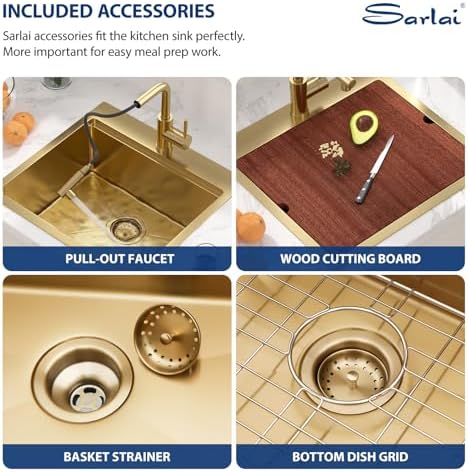 Sarlai 21 Gold Kitchen Sink with Faucet- 21x20 Inch Drop In Kitchen Sink Gold Ledge Workstation Sinks 16 Gauge Stainless Steel Single Bowl Topmount Sinks with Pull-out Faucet - Image 4