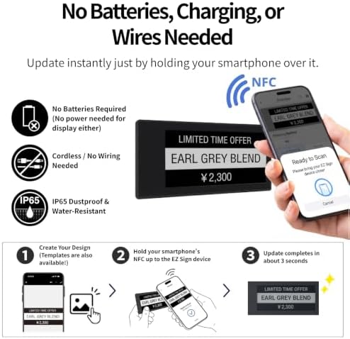 [Santek] EZ Sign NFC E-Paper Display – Battery-Free, 0.13" Ultra-Thin Rewritable 2-Color Display, Unique ID & Name Tag, No Pairing, PC/Android/iOS Compatible IP65 (Black, 2.9" 6pcs, No Stand/Clip) - Image 2