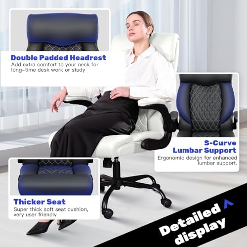 High Back Executive Office Chair - Ergonomic Computer Desk with Rocking Function, Leather Managerial with Adjustable Flip-Up Armrests and Lumbar Support - Image 6