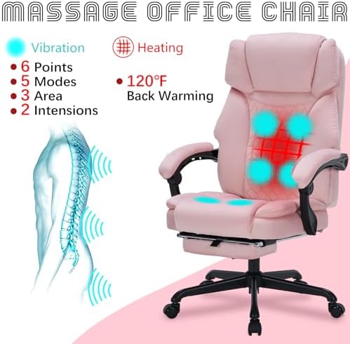 Massage Office Chair with Foot Rest 6 Points Vibration and Heat Home Office Desk Chairs for Heavy People 400lbs Reclining Managerial Chairs Ergonomic Executive Chair (Pink) - Image 4