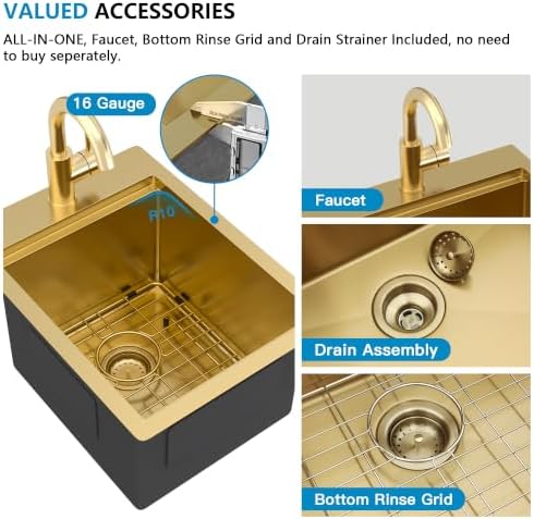 14"x19" Gold Bar Prep Sink Drop In Workstation with Faucet Combo - Image 7