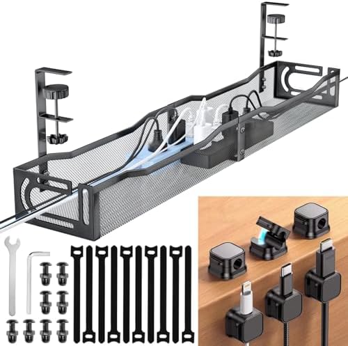 Cable Management Under Desk, 25.3'' No Drill Desk Cable Management Tray with Clamp, Metal Cord Organizer for Standing Desk, Computer Wire Management for Home Office & Gaming Setup, Black by Unknown