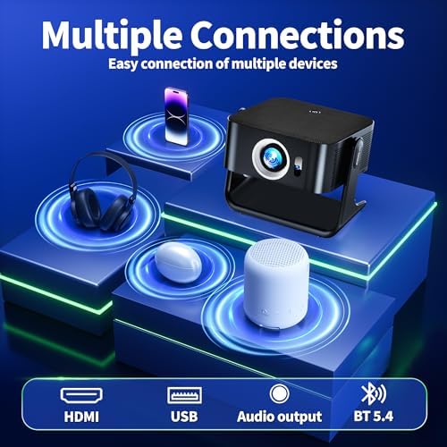 [Compatible with Netflix & Support 4K] 1080P HD Mini Projector Dual Band WiFi6 5G and BT 5.4 Auto Focus & Obstacle Avoidance Portable Outdoor Projector, 270° Adjustable Stand for Home Movie - Black - Image 4