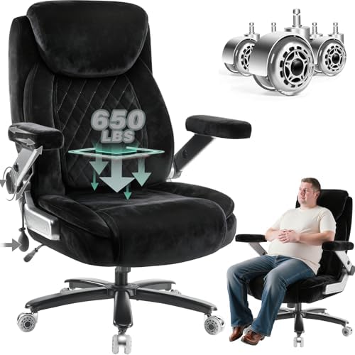 650LBS Fabric Heavy Duty Office Chair with 5D Flip Arms,Comfy Big and Tall Executive Office Desk Chair with Pocket Spring Cushion,High Back Computer Chair with Lumbar Support,Dual Rubber Wheel by Indulgear
