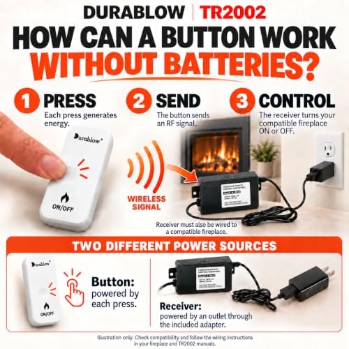 Durablow TR2002 Gas Fireplace Remote Control with Battery-Free On/Off Button Switch, for Millivolt Valves, Electronic Ignition Modules, or Replacing Existing Switch/Thermostat - Image 5