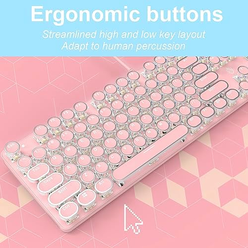 YSCP Typewriter Style Mechanical Gaming Keyboard White Backlit Wired with Blue Switch Retro Round Keycap 104 Keys Keyboard (Pink) - Image 2