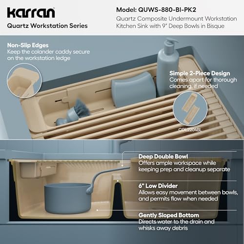 Karran 32.5 Inch Undermount Quartz Composite Workstation Kitchen Sink, 50/50 Double Bowl Low Divide with Color Matched Accessories, Cutting Board, Drying Mat, Colander & Strainers Bisque - Image 6
