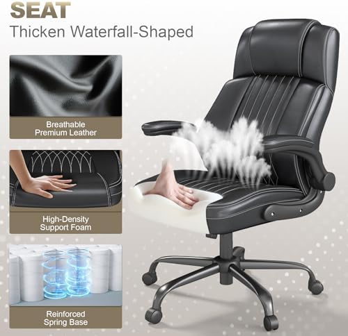 Ergonomic Executive Office Chair, High Back PU Leather Computer Desk Chair with Flip-Up Armrests, Lumbar Support, Adjustable Height and Rocking Function, Black - Image 3