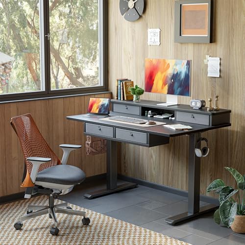 TIQLAB 55 * 28 Inch Standing Desk with Four Drawers, Electric Sit Stand Table, Stand Up Desk Adjustable Height with Storage Shelf, Splice Board, Black - Image 2
