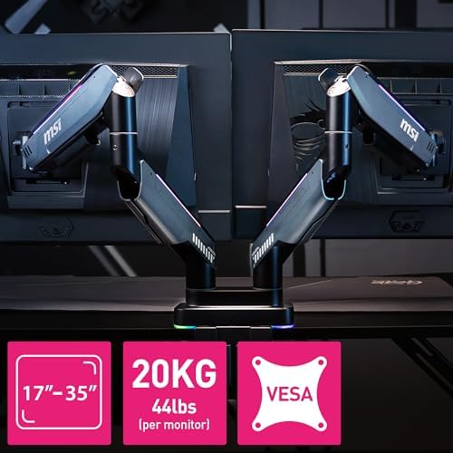 MSI MPG MT201DR V2-Premium RGB Dual Monitor Stand Arms,17-35" Support,VESA Compatible,Adjustable Heavy Duty Gas Spring Mount,44 lbs per Screen Capacity,Clamp&Grommet,Quick Release Plate-Gray - Image 2