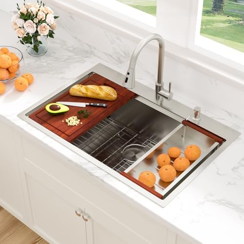 Sarlai 33 Drop In Kitchen Sink with Faucet- 33x22 Inch Drop Kitchen Sink Ledge Workstation Sinks 16 Gauge Stainless Steel Single Bowl Topmount Sinks Basin with Pull-out Faucet - Image 3