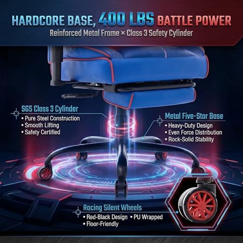 Big and Tall Gaming Office Chair 400lbs - Heavy Duty Ergonomic Computer Desk Chair with Footrest, Adjustable Armrests, High Back PU Leather with Racing Style (Blue/Red) - Image 3