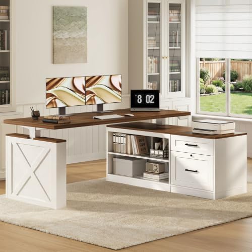 OffiGo 63 Inch Farmhouse L Shaped Electric Standing Desk, Walnut+White - Image 3