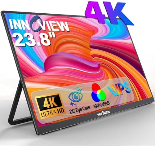 Innoview 23.8” 4K Large Portable Monitor, UHD (3840*2160) 100%sRGB IPS Speakers USB-C HDMI Work Home Second Monitor W/180°Adjustable Stand for Laptop, Desktop, Macbook, Phones, Tablet, PS5/4, Switch by InnoView