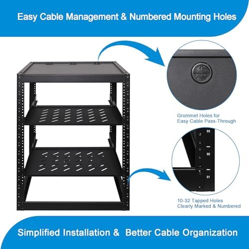 RackPath 16U Open Frame Network Rack with 2X 14in Vented 1U Shelves Rear Support, Wall Mount/Floor Standing Network Cabinet, Heavy Duty 150 lbs Capacity for IT & AV Gear, Audio and Video Device - Image 4