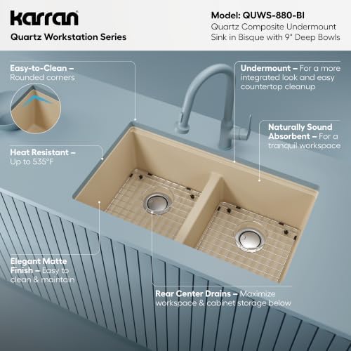 Karran 32.5" Bisque Quartz Composite Undermount Double Bowl Workstation Kitchen Sink, 50/50 Chef Prep Station with Cutting Board, Roll-Up Mat, Colander, Bottom Grids and Accessories – QUWS-880 - Image 3