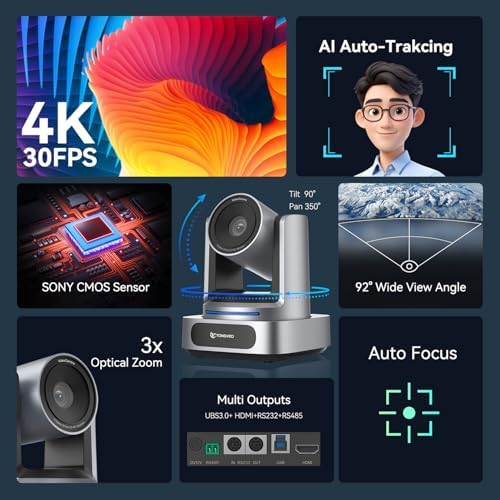 4K PTZ Camera AI Auto Tracking 3X Optical Zoom 92° Wide View Angle,USB 3.0 and HDMI Conference room Camera 4K Work with Zoom OBS Teams YouTube,Facebook for for Church, Worship, Education, Conferences - Image 2