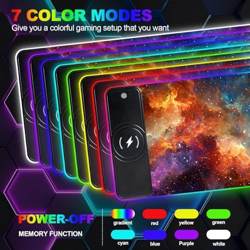 Wireless Charging RGB Gaming Mouse Pad, 31.5 x 11.8 Inch Extended Mouse Mat with Galaxy Nebula Design, LED Desk Pad with 7 Lighting Modes, Non-Slip Base for Gaming & Office - Image 3