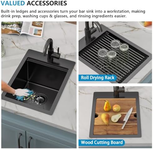 14"x19" Black Bar Prep Sink Drop In Workstation with Faucet Combo - Image 6