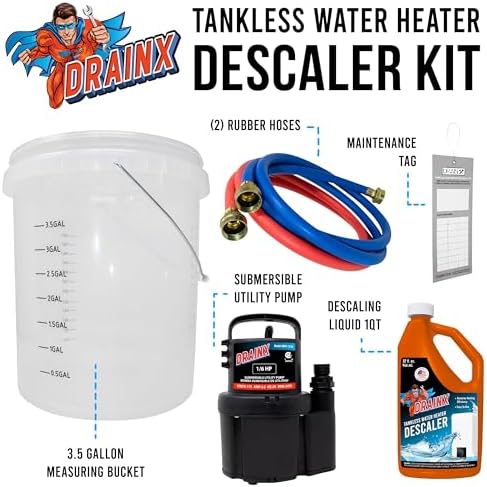 DrainX Tankless Water Heater Flushing Kit Includes Submersible Pump, Hoses, Liquid Descaler Solution, and Measuring Bucket - Image 2