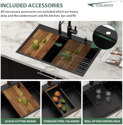 33x22 Black Drop In Kitchen Sink Workstation with Accessories - Image 5