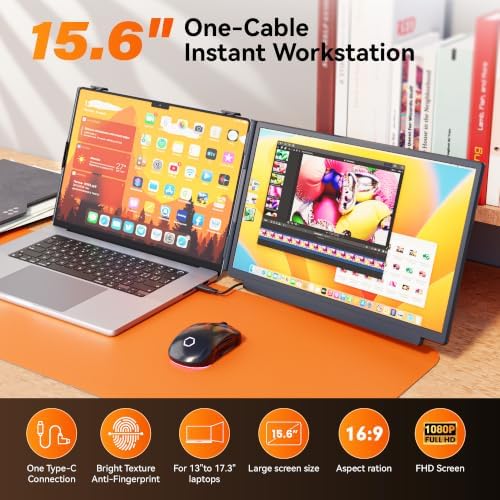 Laptop Screen Extender, 15.6" FHD IPS Portable Laptop Monitor, Detachable & Clip-on 4 Modes Dual Screen for 14-17" Laptops, One Cable Plug & Play Compatible with Wins/Mac/Android/Chrome - Image 2