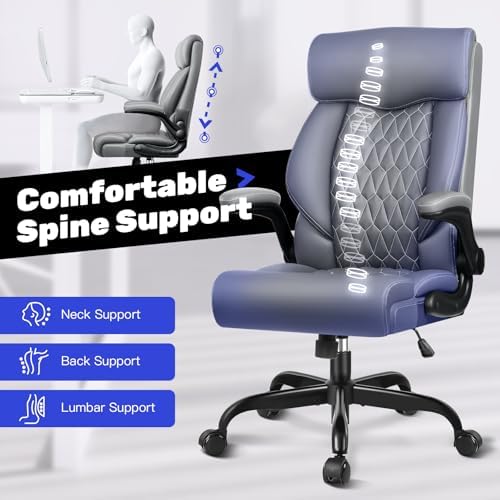 High Back Executive Office Chair - Ergonomic Computer Desk with Rocking Function, Leather Managerial with Adjustable Flip-Up Armrests and Lumbar Support - Image 4