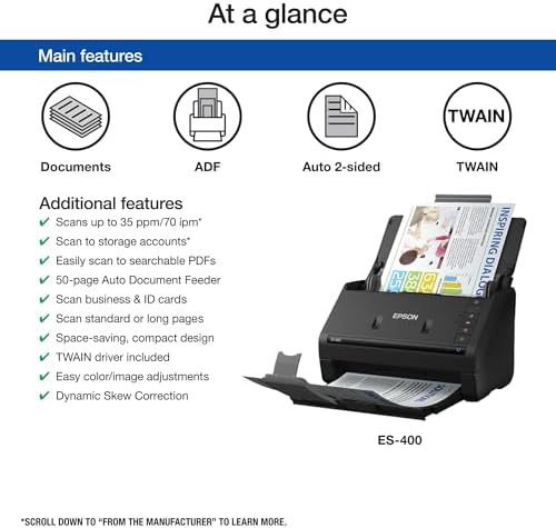 Epson Workforce ES-400 Color Duplex Document Scanner for PC and Mac, Auto Document Feeder (ADF) - Image 4