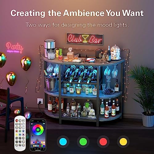 Zarler Bar Cart with Power Outlet Easy to Assemble, LED Home Bar Cabinet for Liquor, 47.3" L x 15.8" D x 36" H Metal Mini Bar Table with 4-Tier Storage, Grey - Image 4